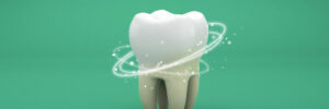 Teeth whitening. Cleaning the tooth from tartar with rays. Green background. 3d render.