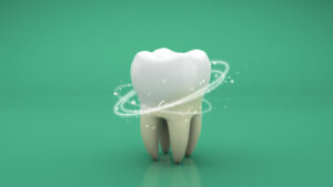 Teeth whitening. Cleaning the tooth from tartar with rays. Green background. 3d render.